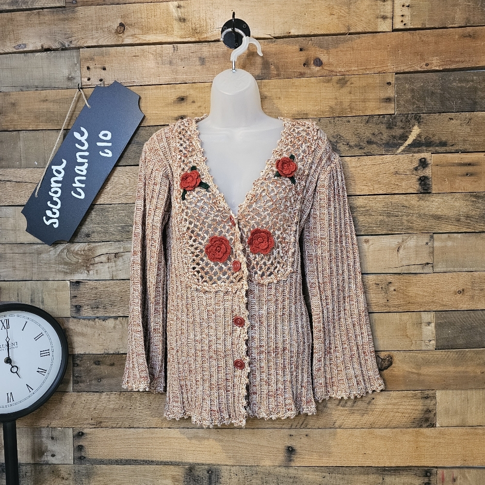 SWEATER BEE BY BANFF Women's Vintage Button Down Bell Sleeve Cardigan Rose Sz S